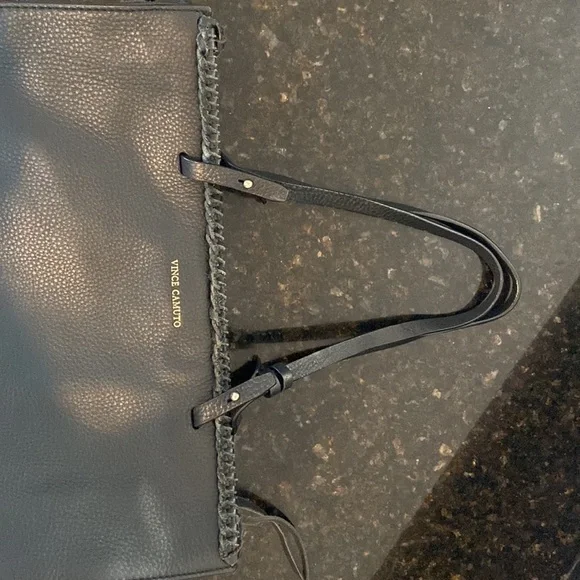 BLACK leather Vince Camino purse handbag woven design top and fringe accent - Picture 9 of 9